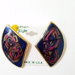 Vintage Pierced Earrings Blue Magenta Metal Fan Shape